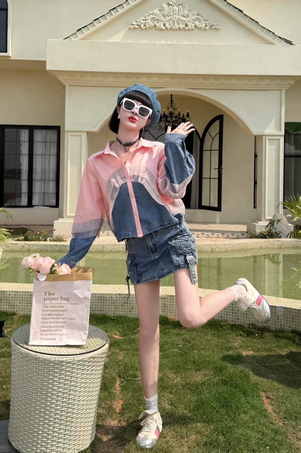 Pink and denim contrast shirt