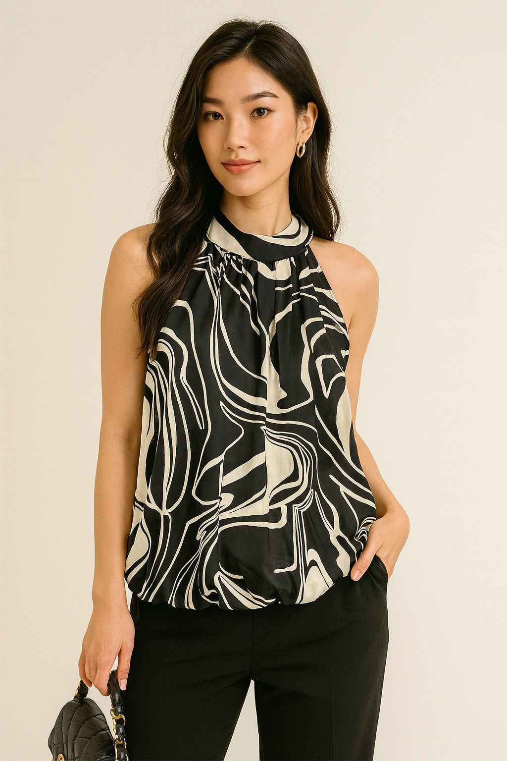 Monochrome Swirl Halter- Black