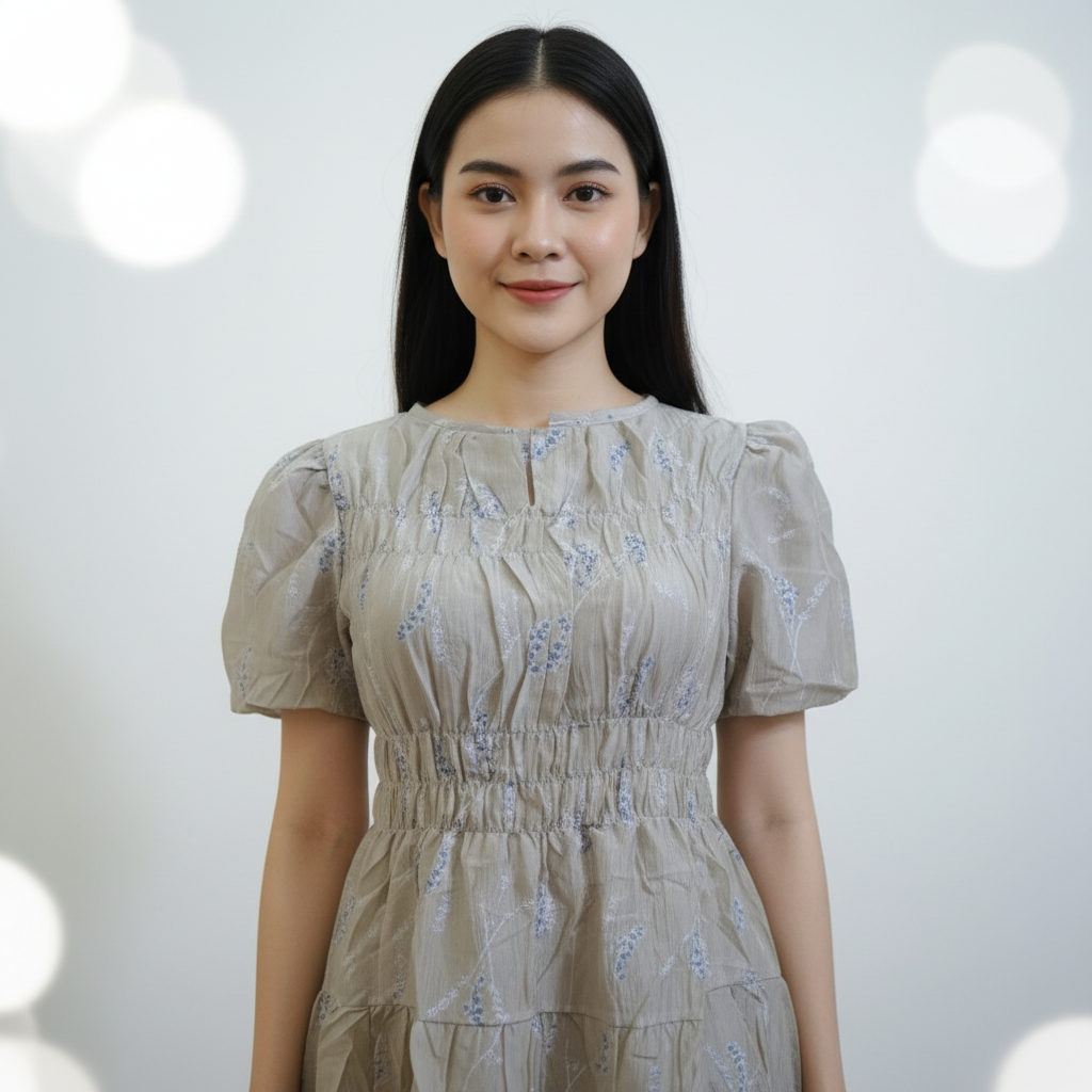 🌾 Beige Floral Puff-Sleeve Dress